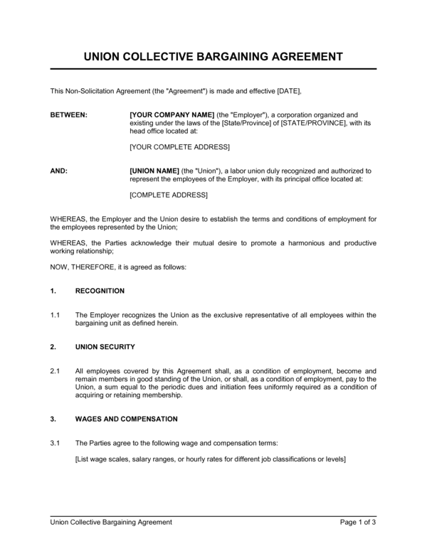 Union Collective Bargaining Agreement Template (Free Word)