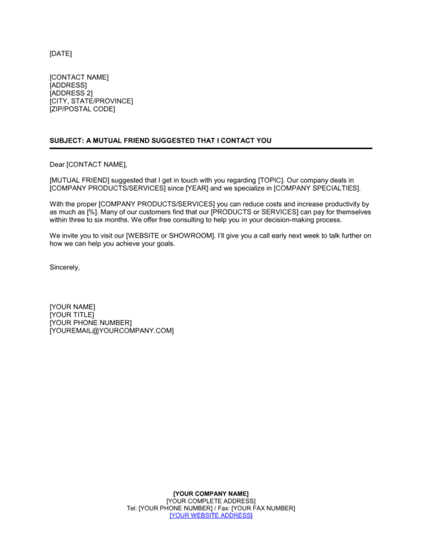 Mutual Friend Introduction Letter Template (Free Word)