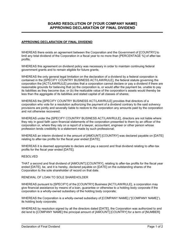 Board Declaration Example Board Resolution Approving Declaration of Final Template (Free Word)