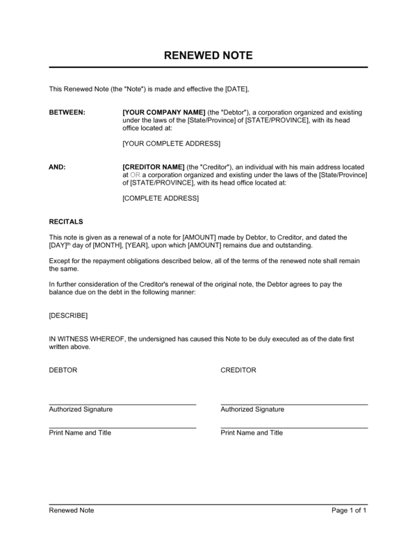 Renewed Note Template (Free Word)