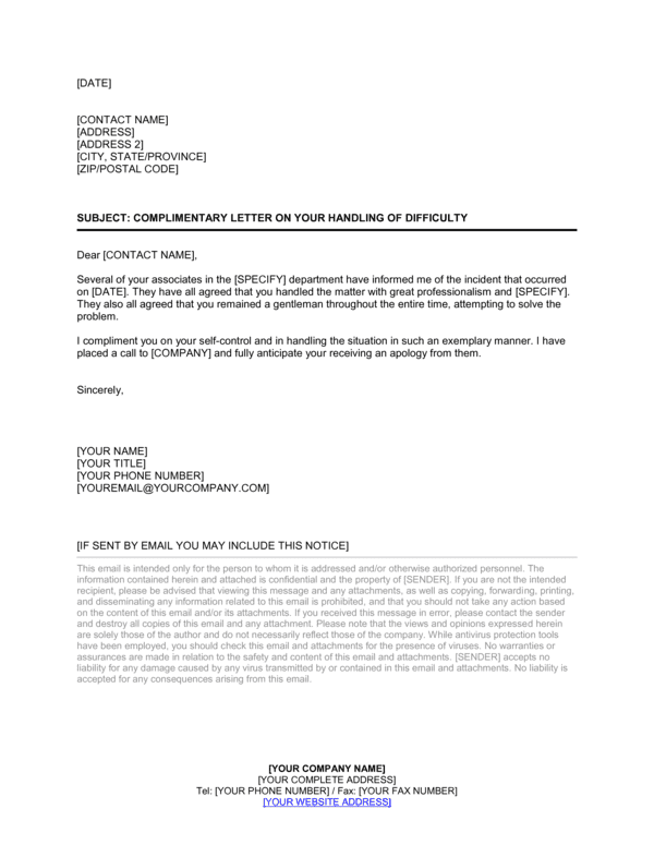 Difficult Letter Examples Complimentary Letter: Handling Difficulty Template (Free Word)