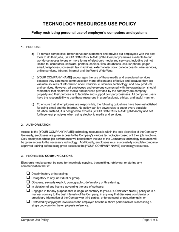 Free Computer Use Policy Template – Word & PDF