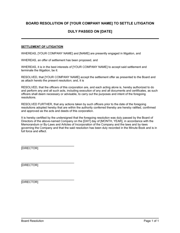 Board Resolution To Settle Litigation Template (Free Word)