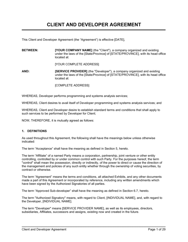 Customer Development Aggreement Free Client and Developer Agreement Template – Word & PDF