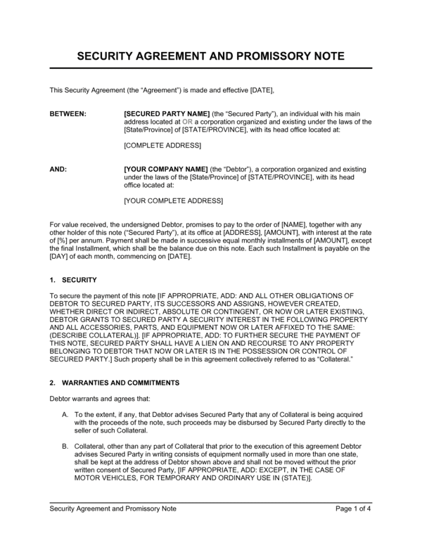 Security Agreement and Promissory Note Template (Free Word)