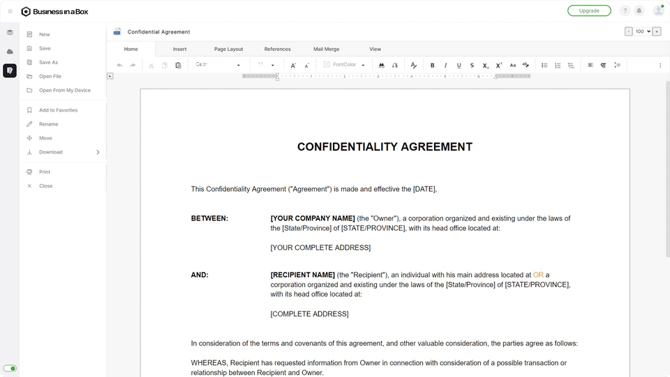 Document templates for business procedures.